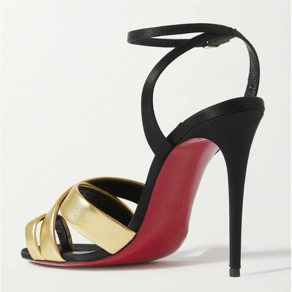 Christian Louboutin Just Me 100 Black Gold Sandal Ankle Strap Open Heel Pump 39 - Picture 7 of 11